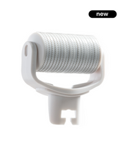 Close-up of a white microneedle derma roller head attachment on a white background with a small “new” label in the top corner.